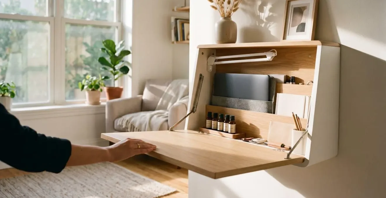 Salon avec console murale transformée en bureau, mi-ouverte montrant la transition jour/soir