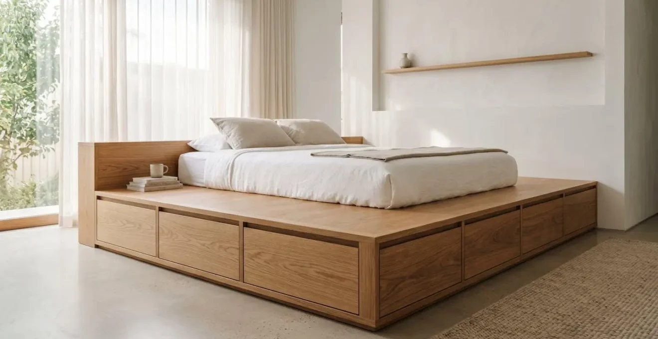 Estrade en bois avec tiroirs intégrés surélevant un lit dans une chambre épurée