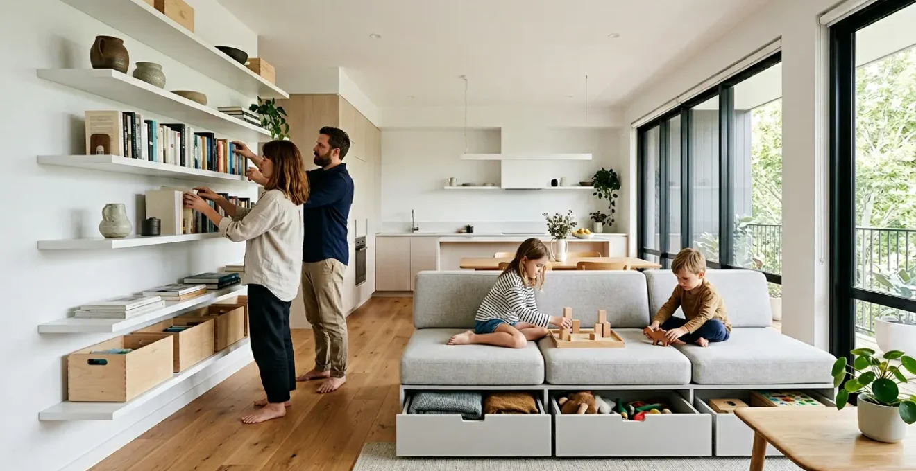 Famille de quatre personnes dans un salon lumineux et optimisé de 70 mètres carrés avec rangements intégrés