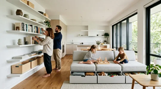 Famille de quatre personnes dans un salon lumineux et optimisé de 70 mètres carrés avec rangements intégrés