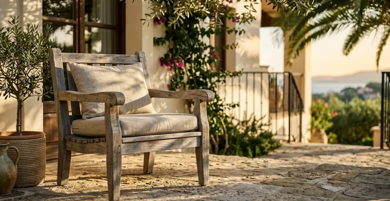 Fauteuil en teck massif sur terrasse extérieure avec patine argentée naturelle