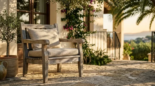 Fauteuil en teck massif sur terrasse extérieure avec patine argentée naturelle
