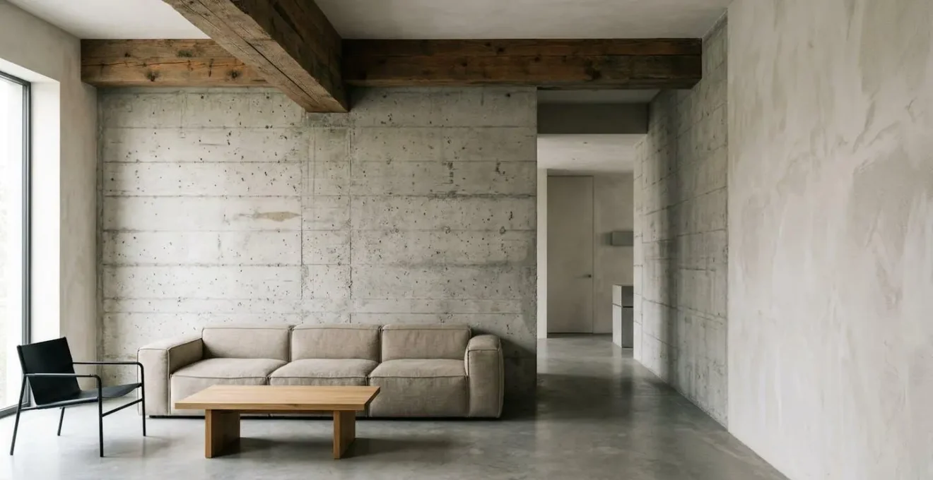Intérieur moderne mettant en valeur les matériaux bruts béton, plâtre et bois scié