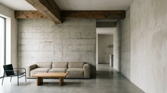 Intérieur moderne mettant en valeur les matériaux bruts béton, plâtre et bois scié