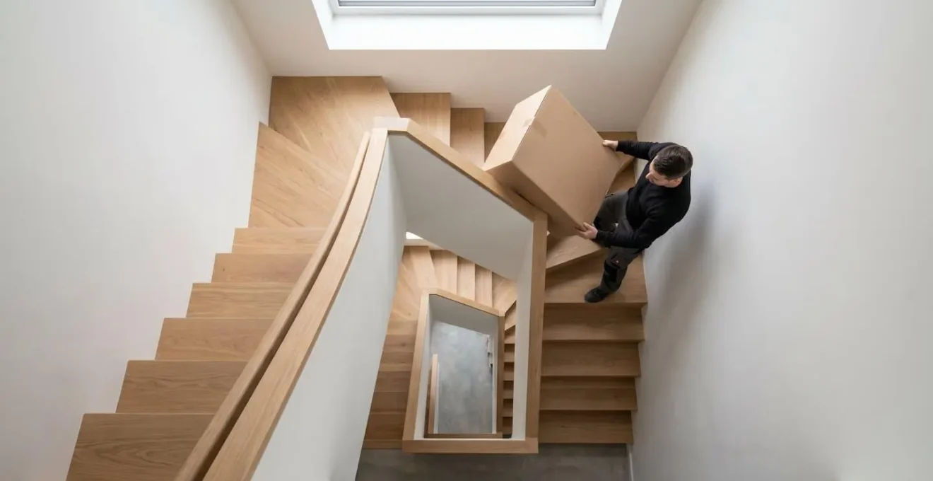 Vue en plongée d'un gabarit en carton aux dimensions du canapé testé dans un virage d'escalier étroit