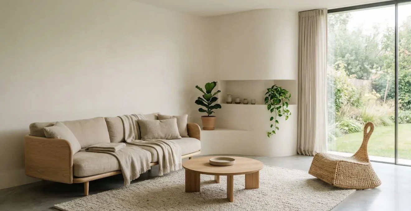 Intérieur épuré avec formes arrondies et matériaux naturels créant une atmosphère apaisante pour les personnes hypersensibles