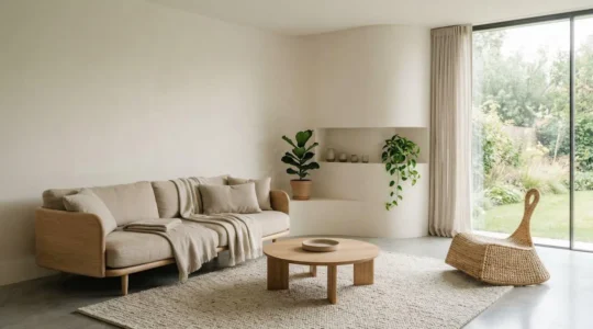 Intérieur épuré avec formes arrondies et matériaux naturels créant une atmosphère apaisante pour les personnes hypersensibles