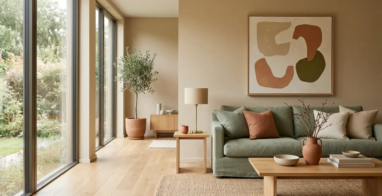 Salon lumineux avec murs aux couleurs complémentaires douces et canapé élégant créant une harmonie visuelle