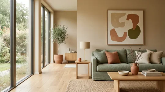 Salon lumineux avec murs aux couleurs complémentaires douces et canapé élégant créant une harmonie visuelle