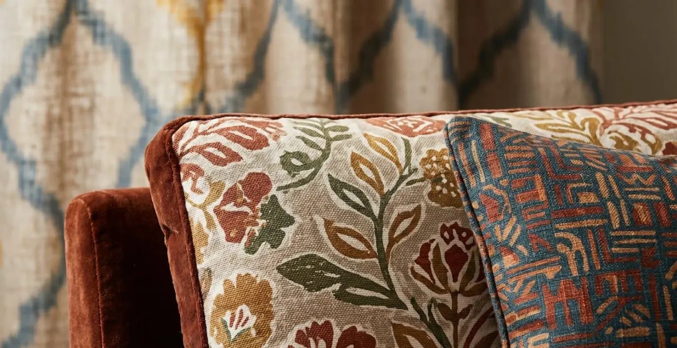 Canapé avec coussins aux motifs variés harmonisés et rideaux coordonnés dans un salon lumineux