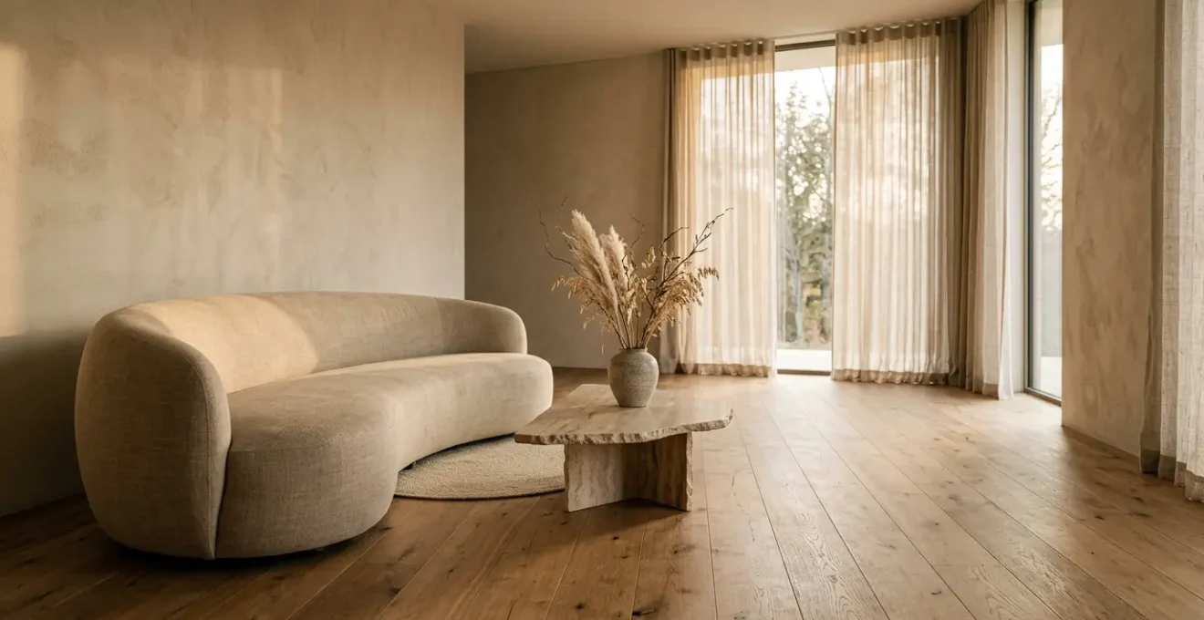 Intérieur contemporain avec canapé beige dans salon lumineux aux matériaux naturels