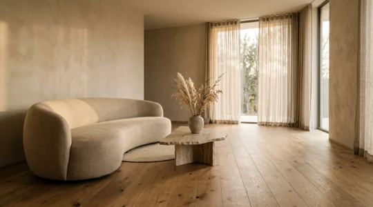 Intérieur contemporain avec canapé beige dans salon lumineux aux matériaux naturels