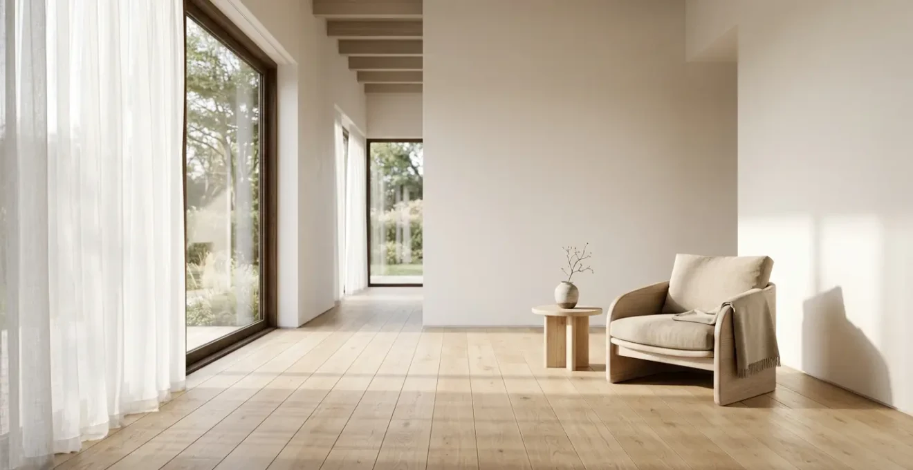 Salon minimaliste avec lignes épurées et espaces dégagés favorisant la réduction de la charge mentale