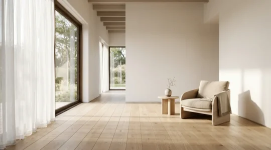 Salon minimaliste avec lignes épurées et espaces dégagés favorisant la réduction de la charge mentale