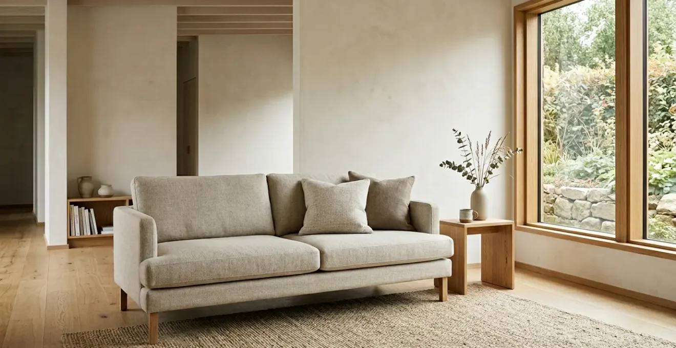Salon épuré avec canapé aux lignes droites et couleurs neutres dans une lumière naturelle douce
