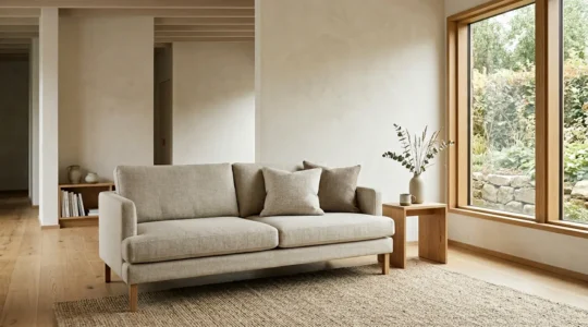 Salon épuré avec canapé aux lignes droites et couleurs neutres dans une lumière naturelle douce