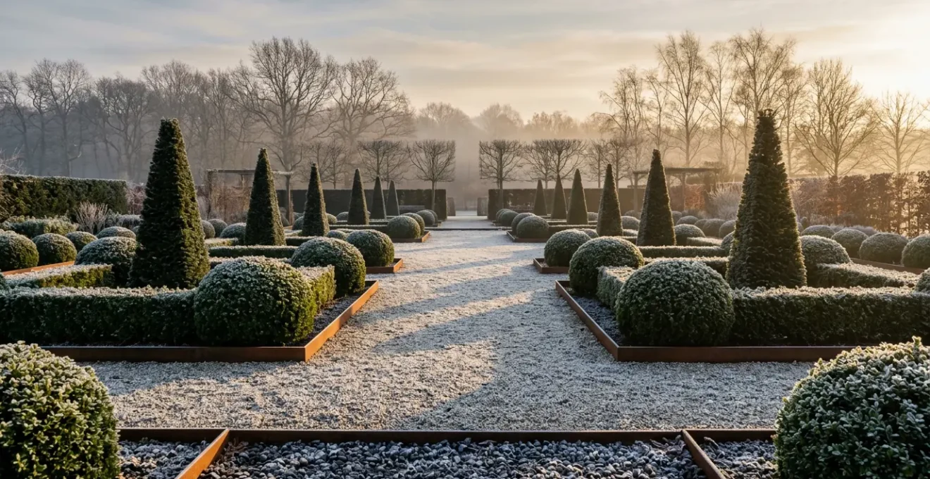 Vue panoramique d'un jardin d'hiver structuré avec haies taillées géométriquement et lumière rasante