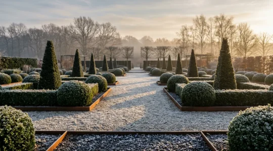 Vue panoramique d'un jardin d'hiver structuré avec haies taillées géométriquement et lumière rasante