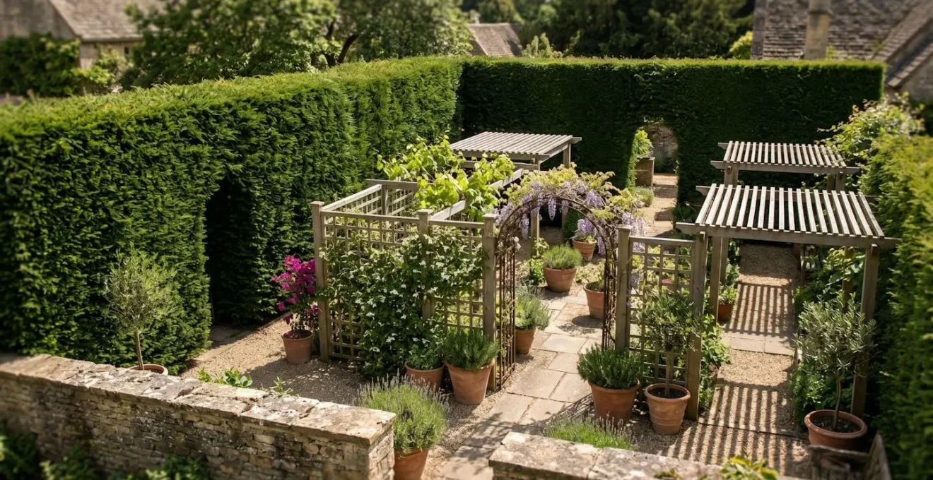 Vue aérienne d'un jardin étroit divisé en plusieurs espaces thématiques avec pergolas et passages