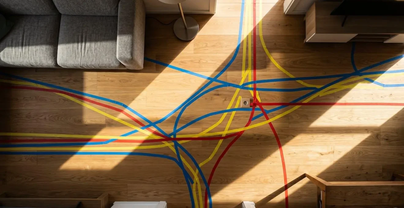 Plan vu du dessus d'un salon avec lignes colorées représentant les trajets familiaux