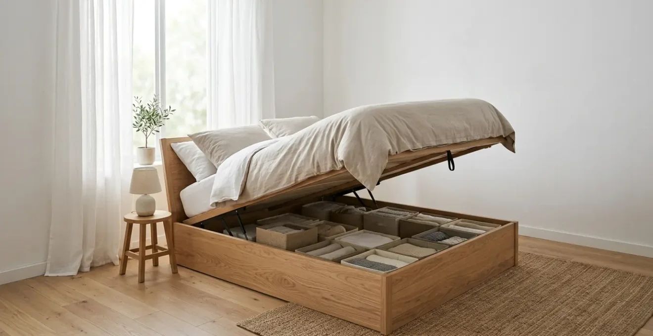 Vue d'ensemble d'une chambre moderne avec lit coffre ouvert révélant un rangement organisé