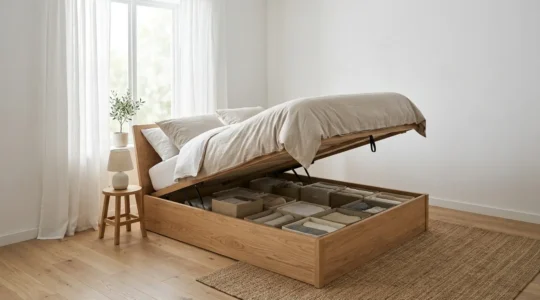 Vue d'ensemble d'une chambre moderne avec lit coffre ouvert révélant un rangement organisé