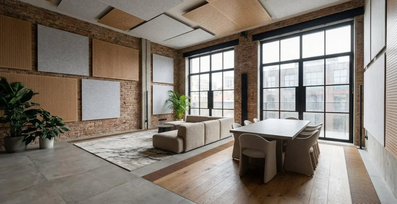 Vue intérieure d'un loft contemporain de 100m² montrant l'aménagement optimal avec zonage thermique et acoustique