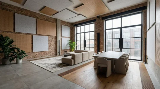 Vue intérieure d'un loft contemporain de 100m² montrant l'aménagement optimal avec zonage thermique et acoustique