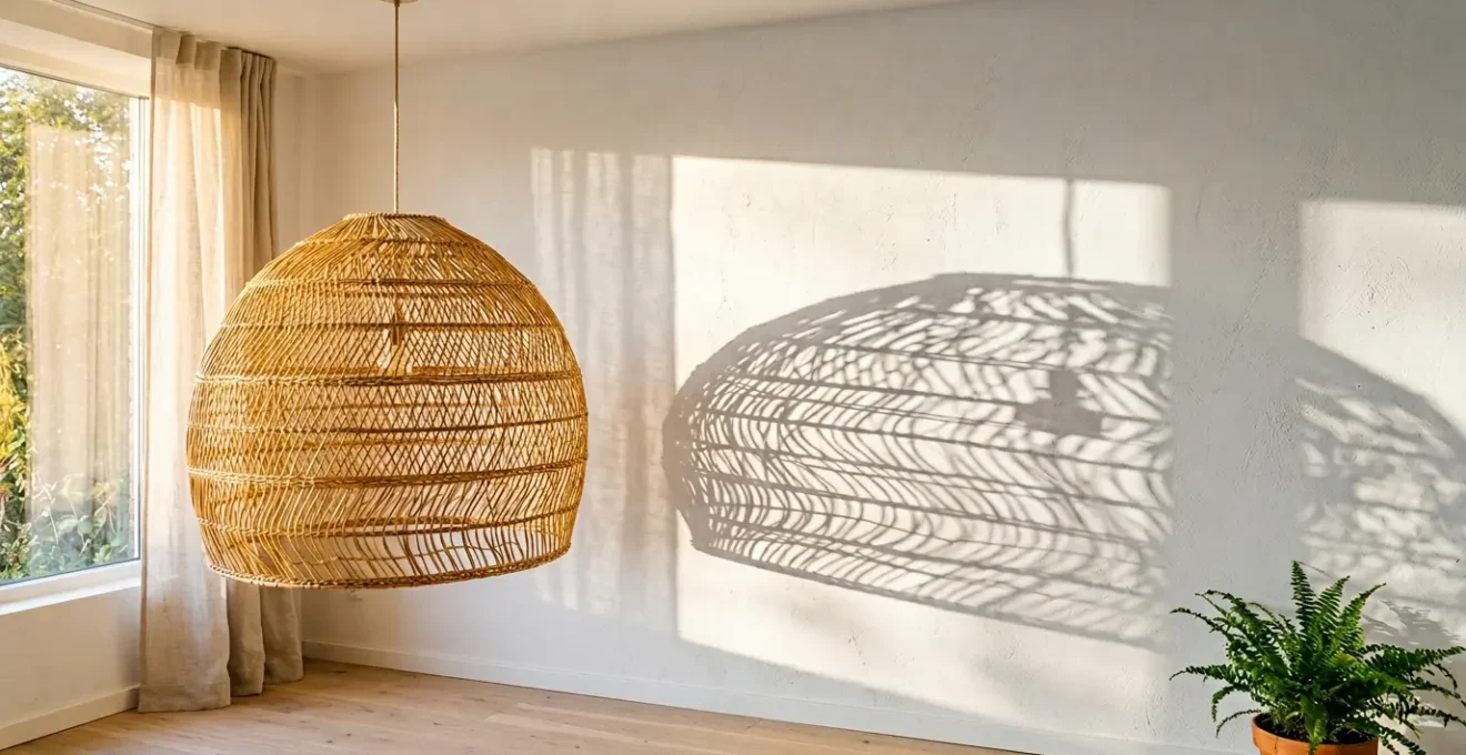 Suspension en rotin tissé projetant des ombres douces sur un mur blanc dans un salon épuré
