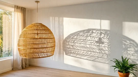 Suspension en rotin tissé projetant des ombres douces sur un mur blanc dans un salon épuré