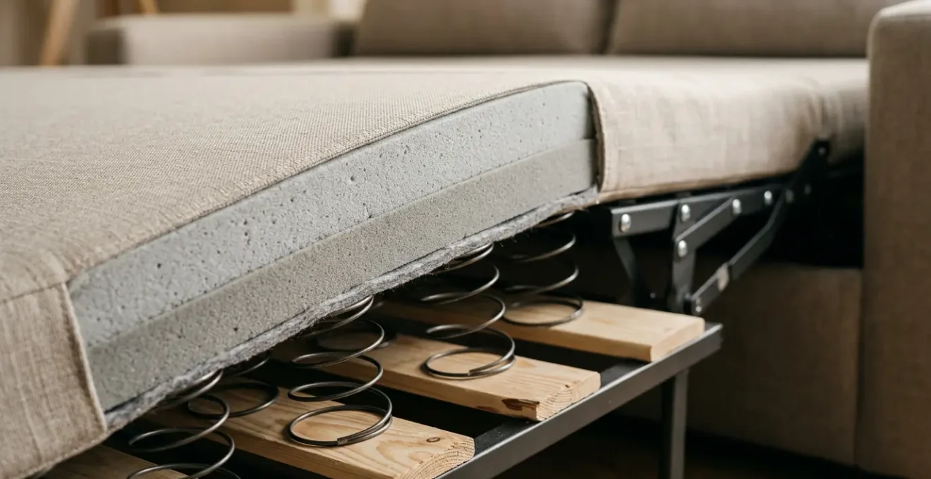 Vue en coupe d'un canapé convertible déplié avec zoom sur l'épaisseur du matelas et les lattes du sommier