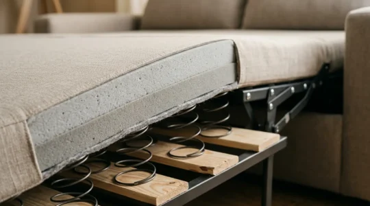 Vue en coupe d'un canapé convertible déplié avec zoom sur l'épaisseur du matelas et les lattes du sommier