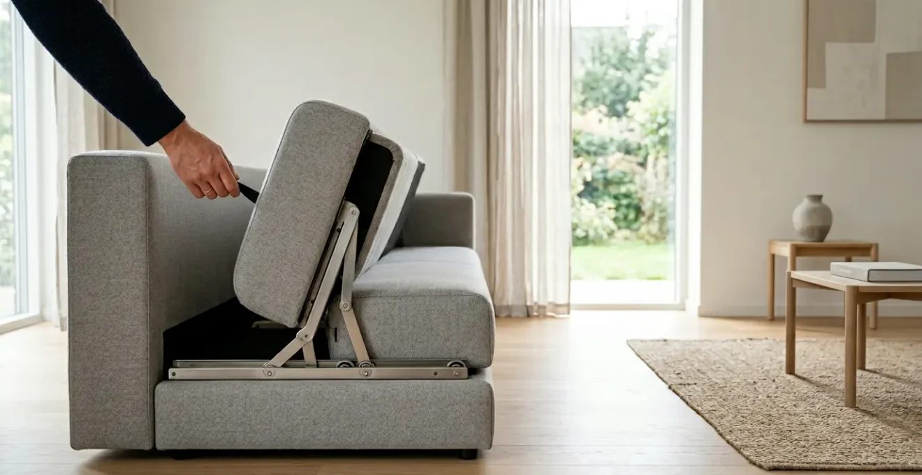 Mécanisme de canapé convertible rapido en position intermédiaire montrant la transformation élégante