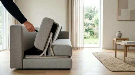 Mécanisme de canapé convertible rapido en position intermédiaire montrant la transformation élégante