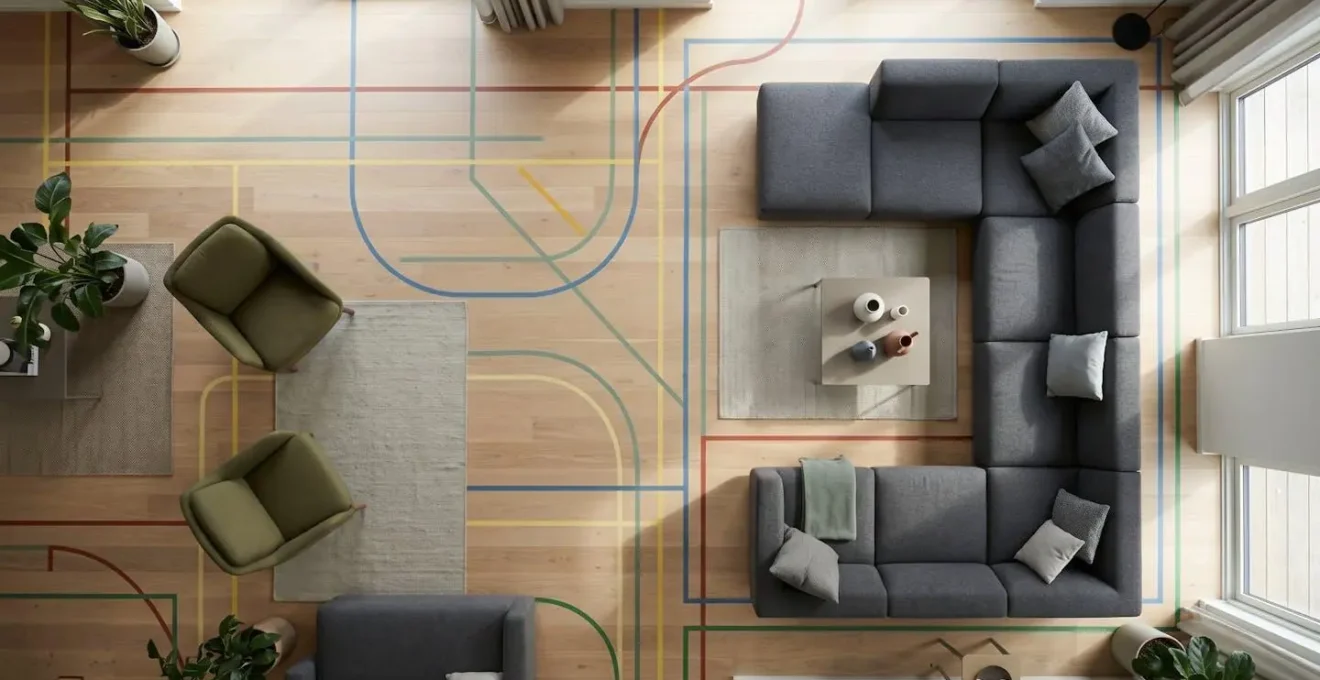 Plan vue de dessus montrant les chemins de circulation optimaux dans un salon réorganisé