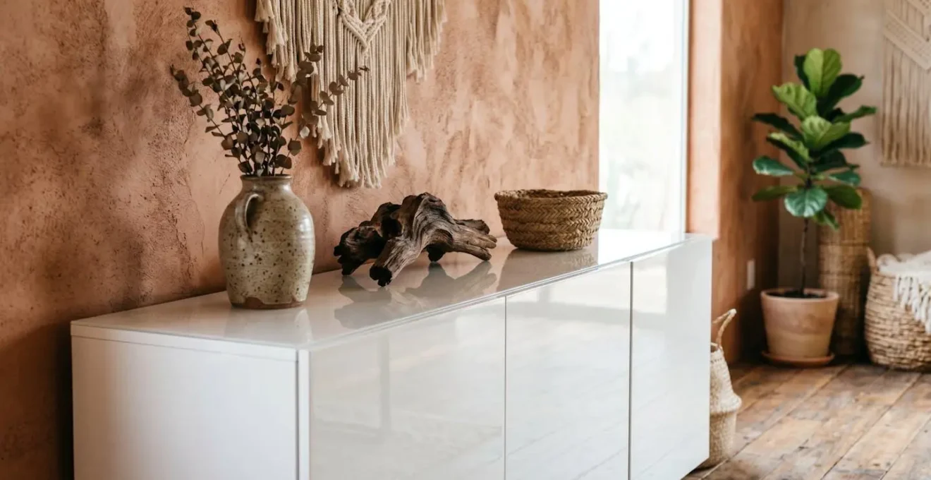 Console blanche laquée minimaliste contre mur texturé avec objets bohèmes en bois et céramique posés dessus