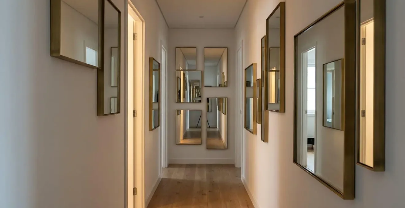 Couloir étroit avec miroirs en quinconce créant un effet de profondeur visuelle
