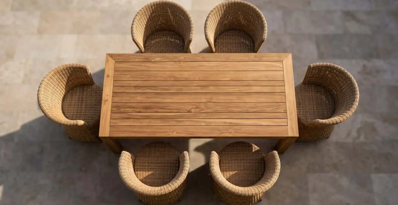 Composition harmonieuse mélangeant fauteuils arrondis en rotin et table rectangulaire en bois sur terrasse