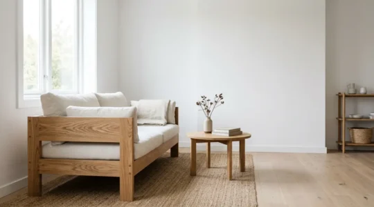 Structure en bois massif certifié avec détails de veinage naturel dans un intérieur épuré