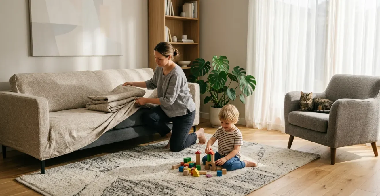 Salon lumineux avec canapé déhoussable, enfant et chat dans une ambiance conviviale