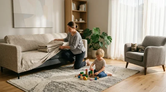 Salon lumineux avec canapé déhoussable, enfant et chat dans une ambiance conviviale