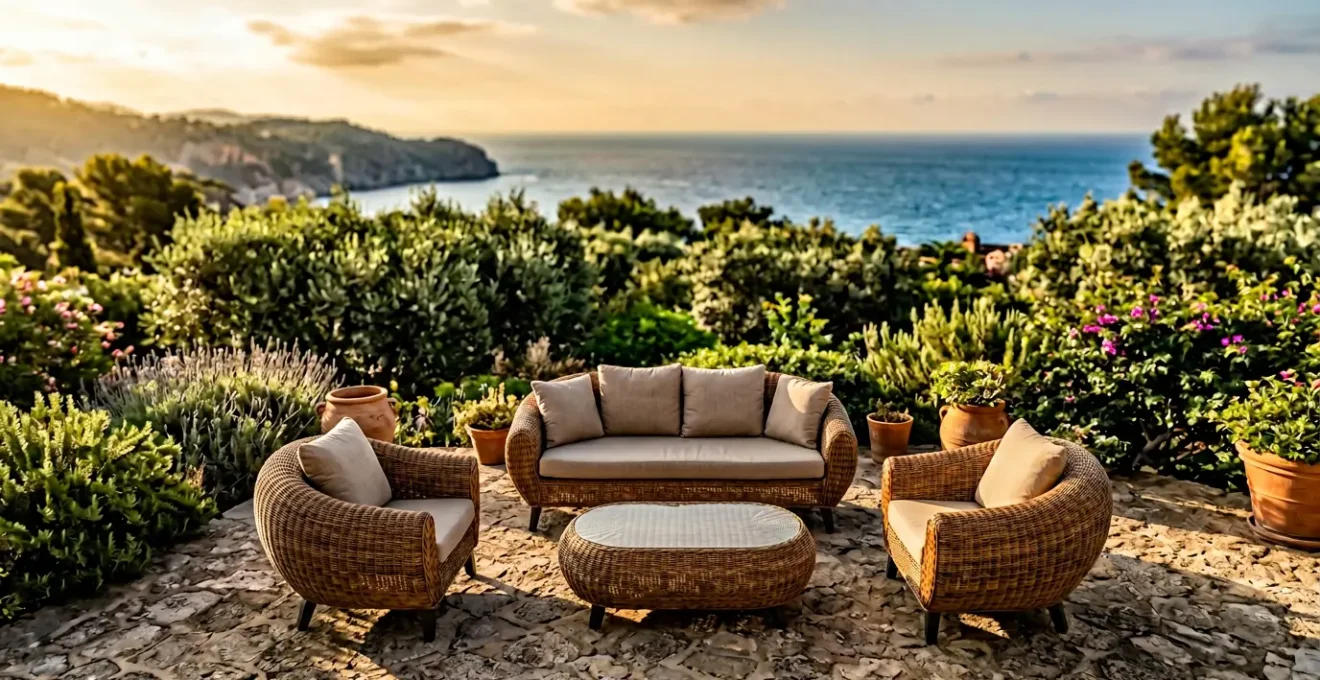 Salon de jardin en résine tressée de qualité supérieure sur une terrasse ensoleillée