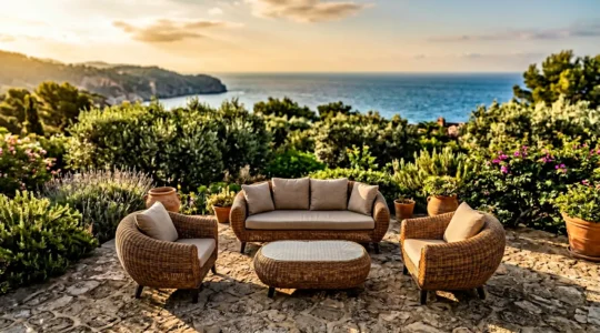 Salon de jardin en résine tressée de qualité supérieure sur une terrasse ensoleillée