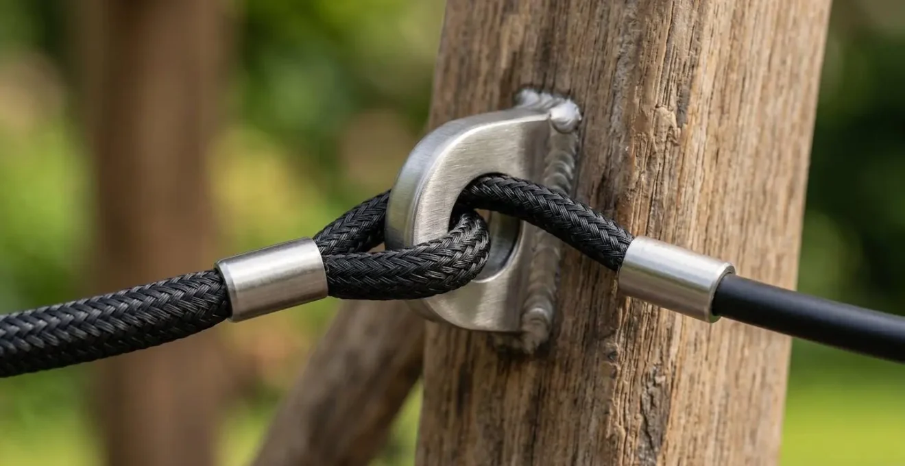 Détail macro d'un système d'ancrage discret en métal sur mobilier de jardin haut de gamme