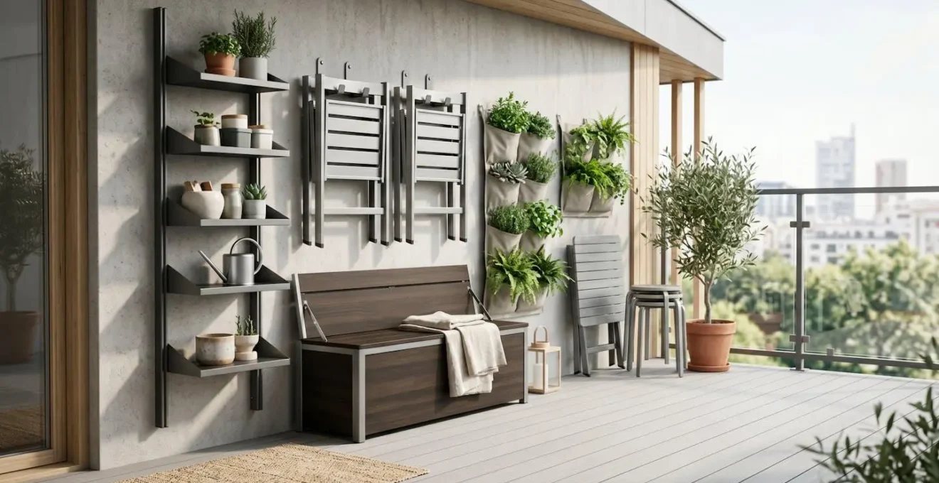 Vue d'angle d'une terrasse avec mobilier multifonction et rangements verticaux optimisés
