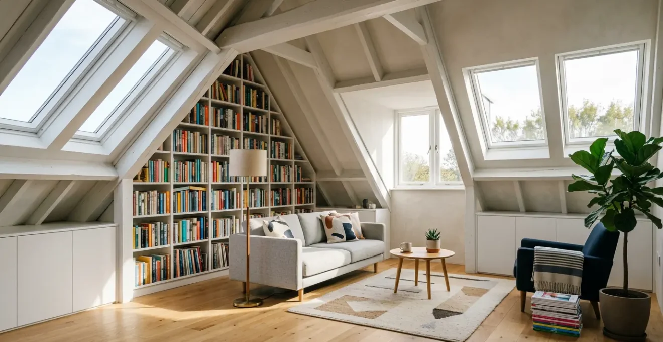 Vue d'un appartement mansardé lumineux avec bibliothèque toute hauteur sur mur pignon et espaces astucieusement aménagés sous les pentes