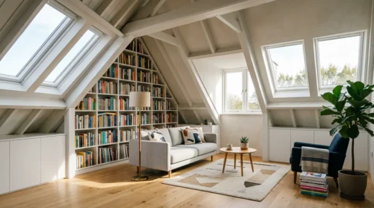 Vue d'un appartement mansardé lumineux avec bibliothèque toute hauteur sur mur pignon et espaces astucieusement aménagés sous les pentes