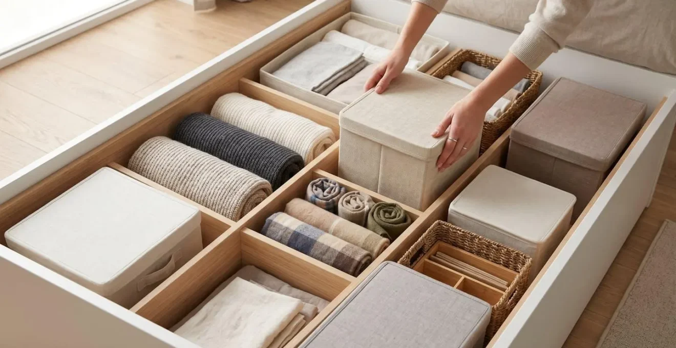 Vue plongeante d'un lit coffre parfaitement organisé avec compartiments et séparateurs