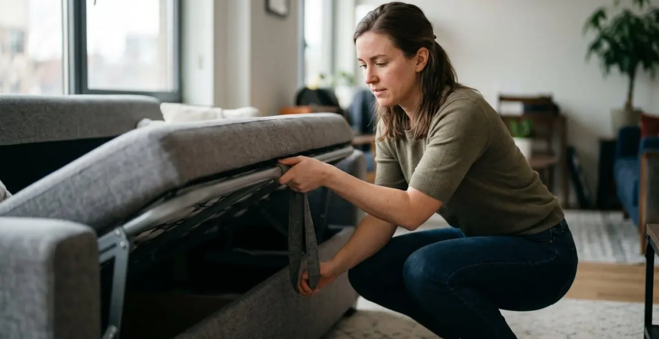 Personne utilisant la bonne posture pour ouvrir un canapé convertible, dos droit et genoux fléchis