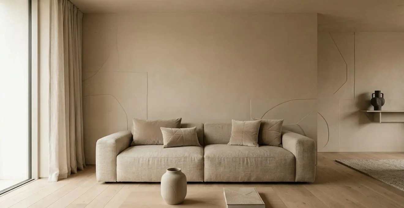 Intérieur moderne avec palette monochrome beige montrant un canapé minimaliste dans un espace harmonieux